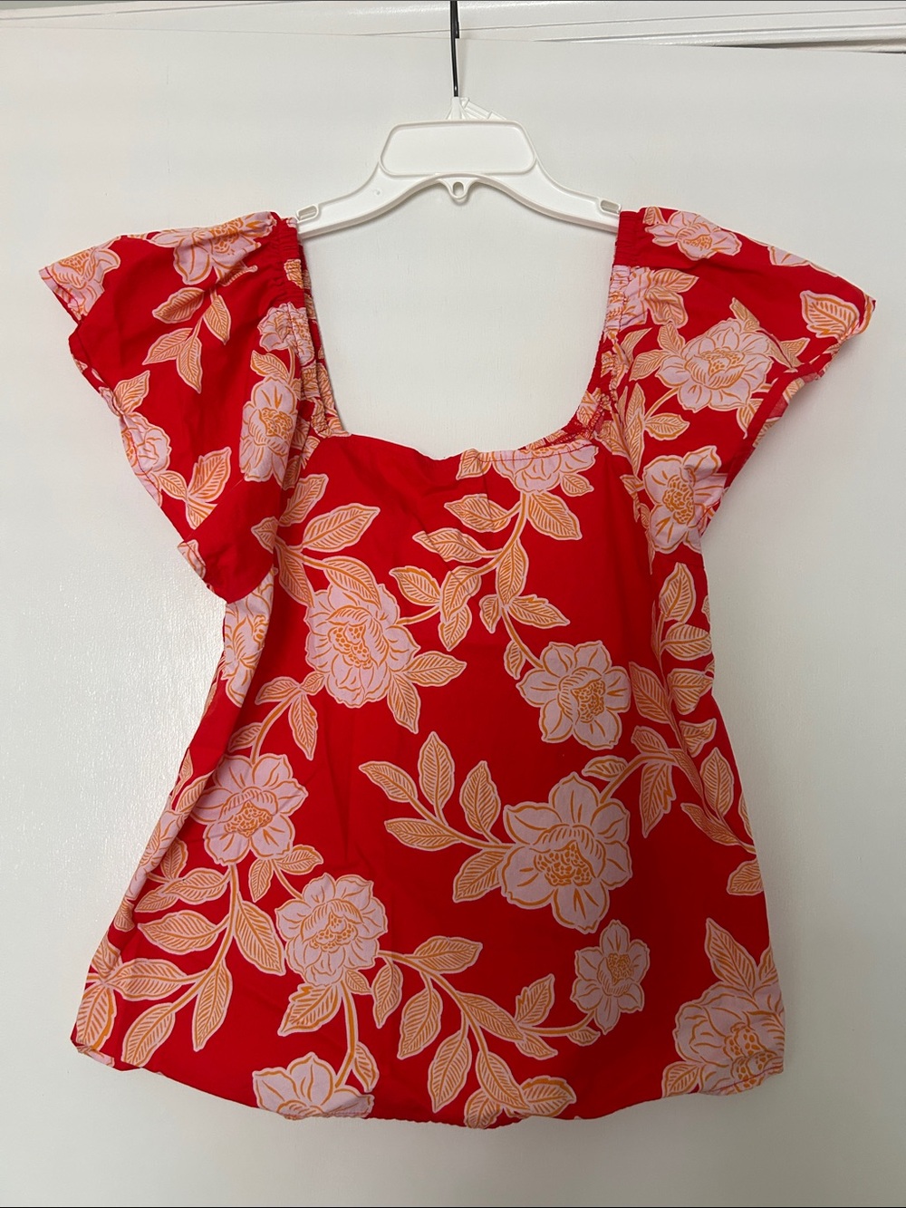 Sugarlips Red Floral Square-Neck Flutter Sleeve Top